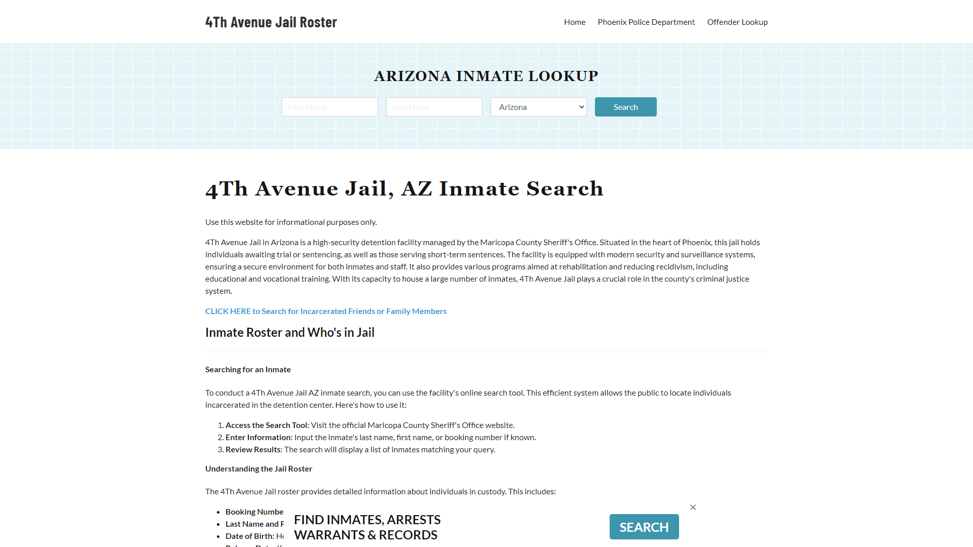 4Th Avenue Jail, AZ Inmate Roster, Offender Search, Bookings