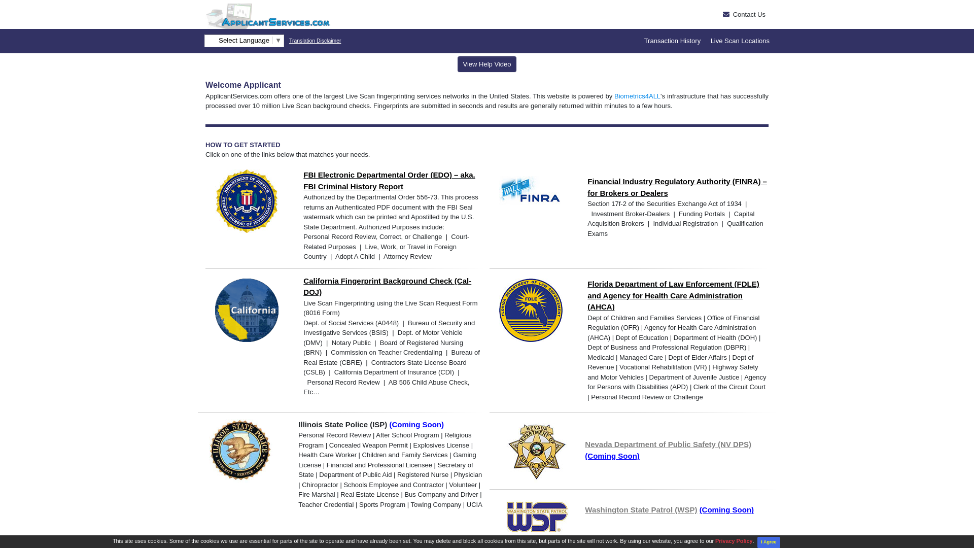 Live Scan Fingerprinting (online) Services for FBI Background Check (EDO), Biometrics4ALL, California, Florida, FINRA, Illinois, Washington and FBI Channeling