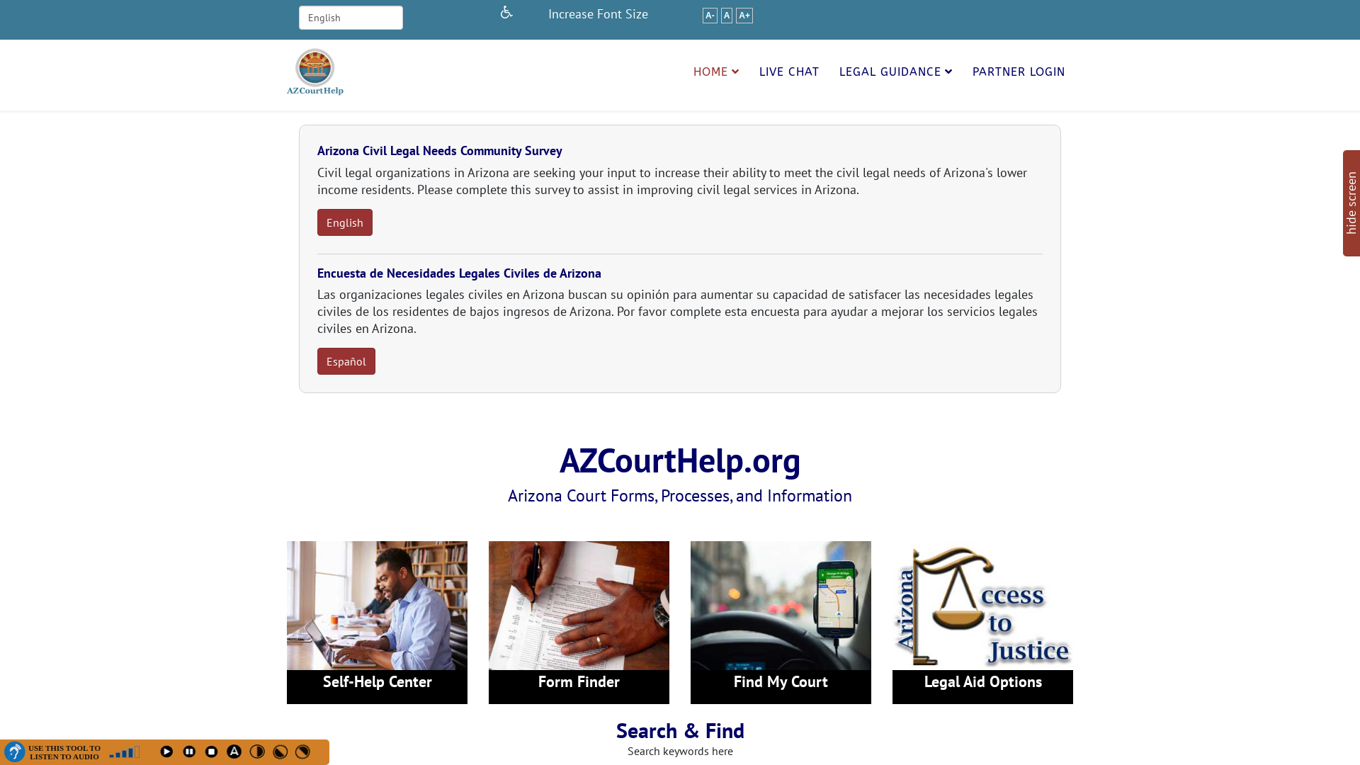 AZCourtHelp.org homepage that directs users to Arizona court resources