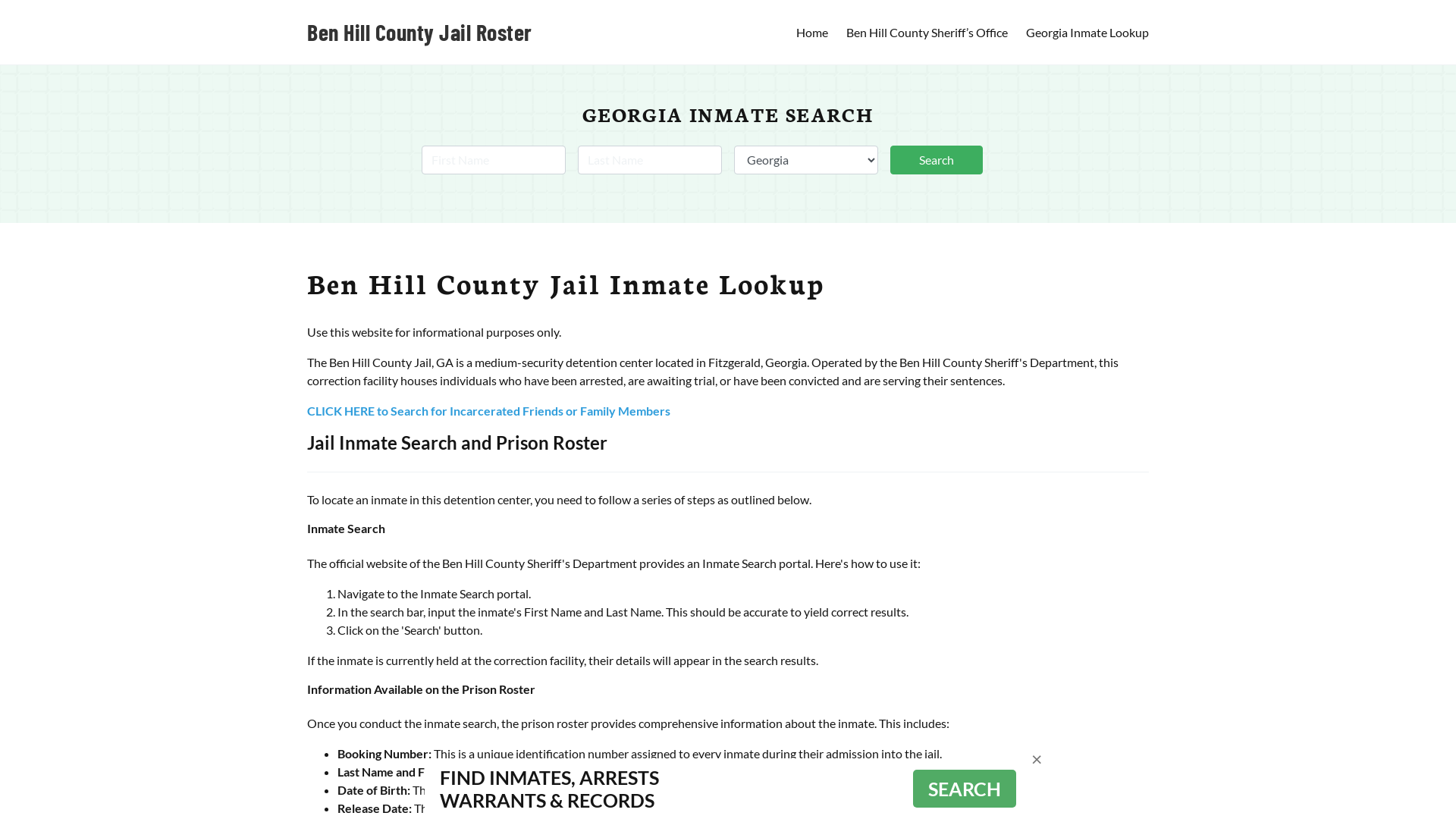 Ben Hill County Jail Roster Lookup, GA, Inmate Search