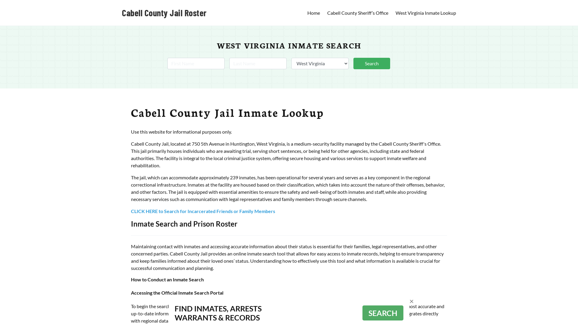 Cabell County Jail Roster Lookup, WV, Inmate Search