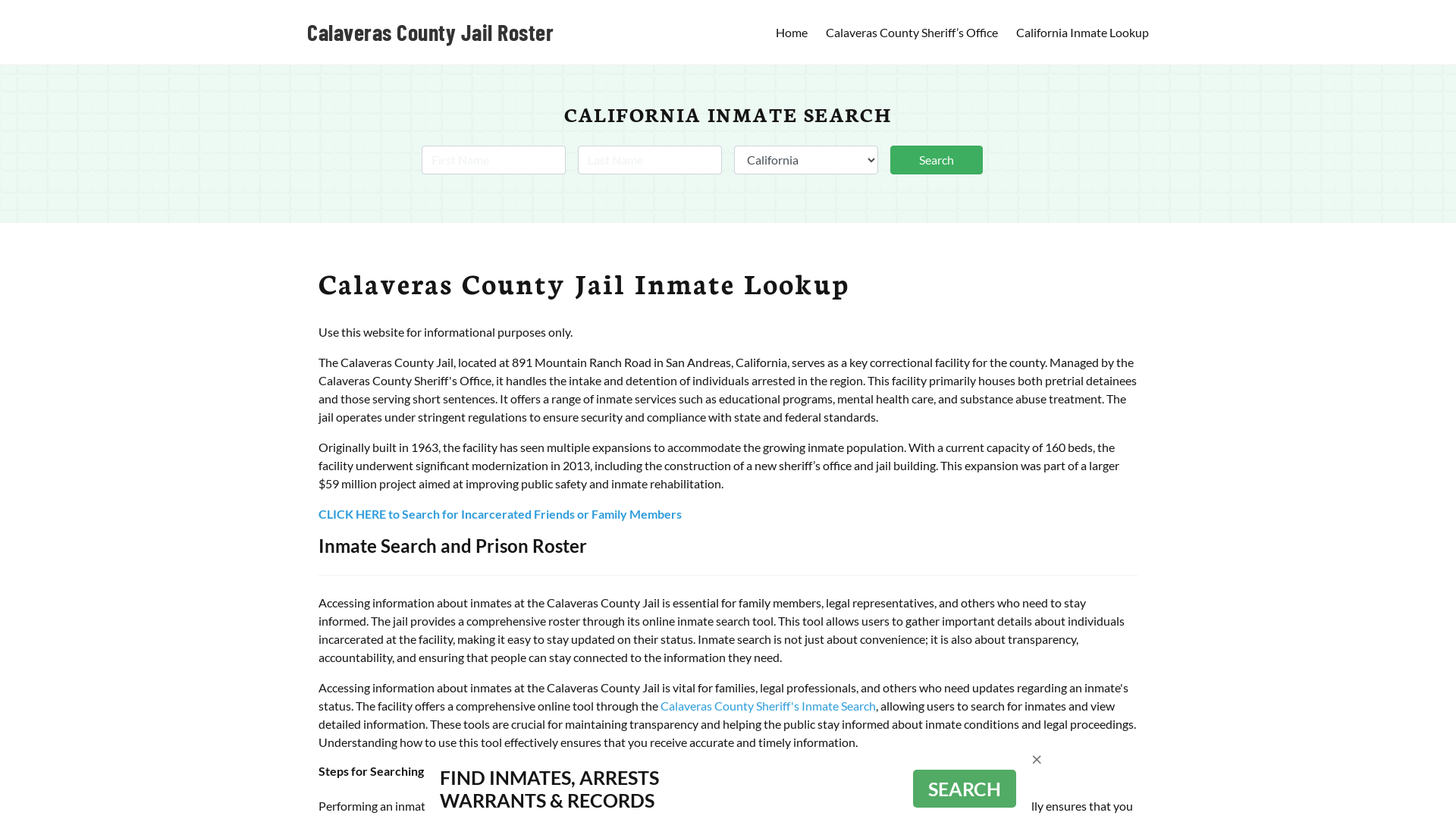 Calaveras County Jail Roster Lookup, CA, Inmate Search