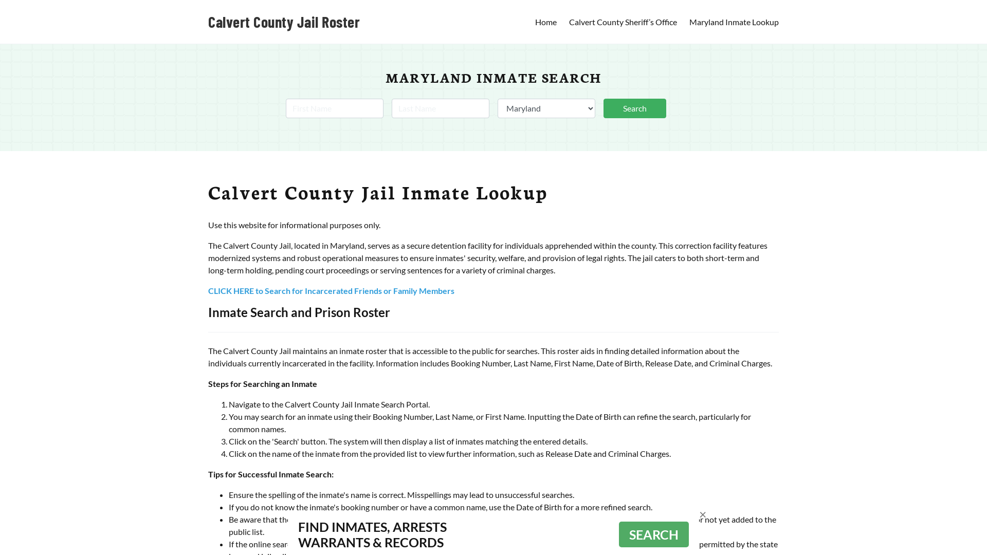 Calvert County Jail Roster Lookup, MD, Inmate Search