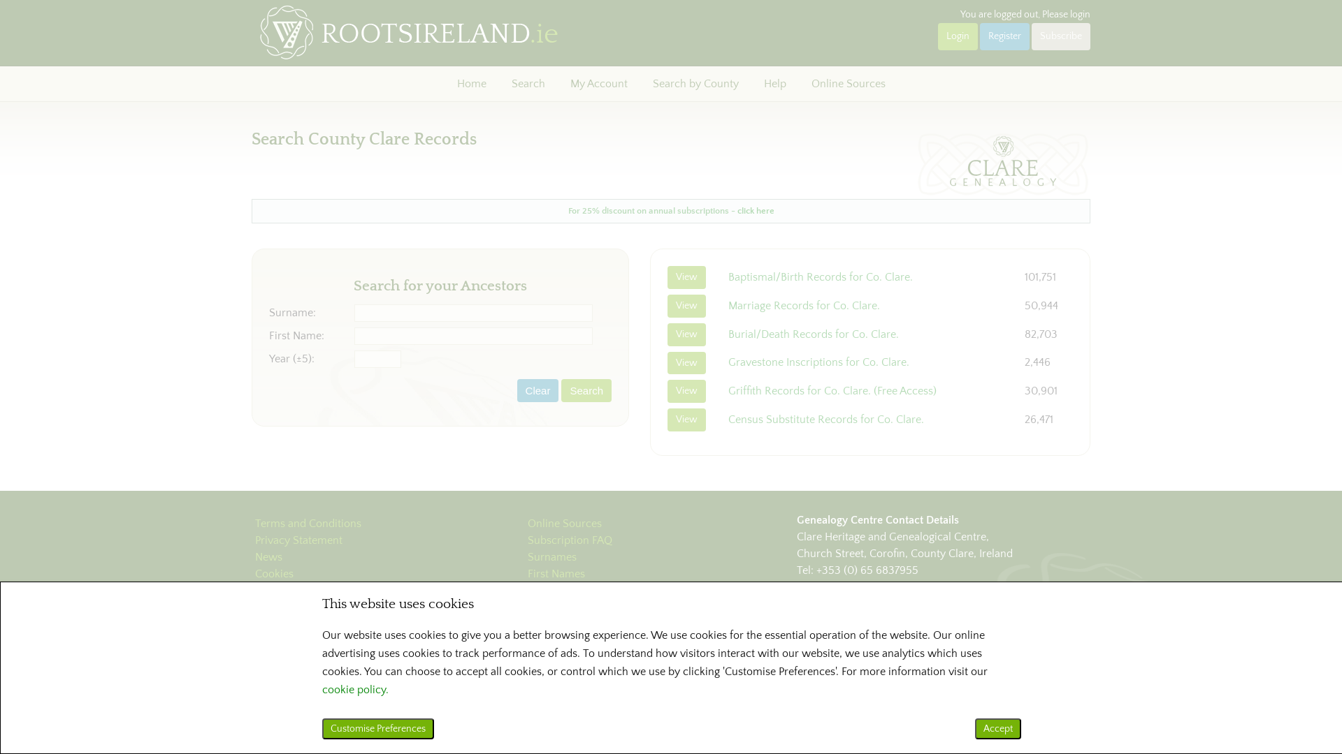 Search Clare Ancestry records online - Records provided by Clare Heritage and Genealogical Centre, & Irish Family History Foundation