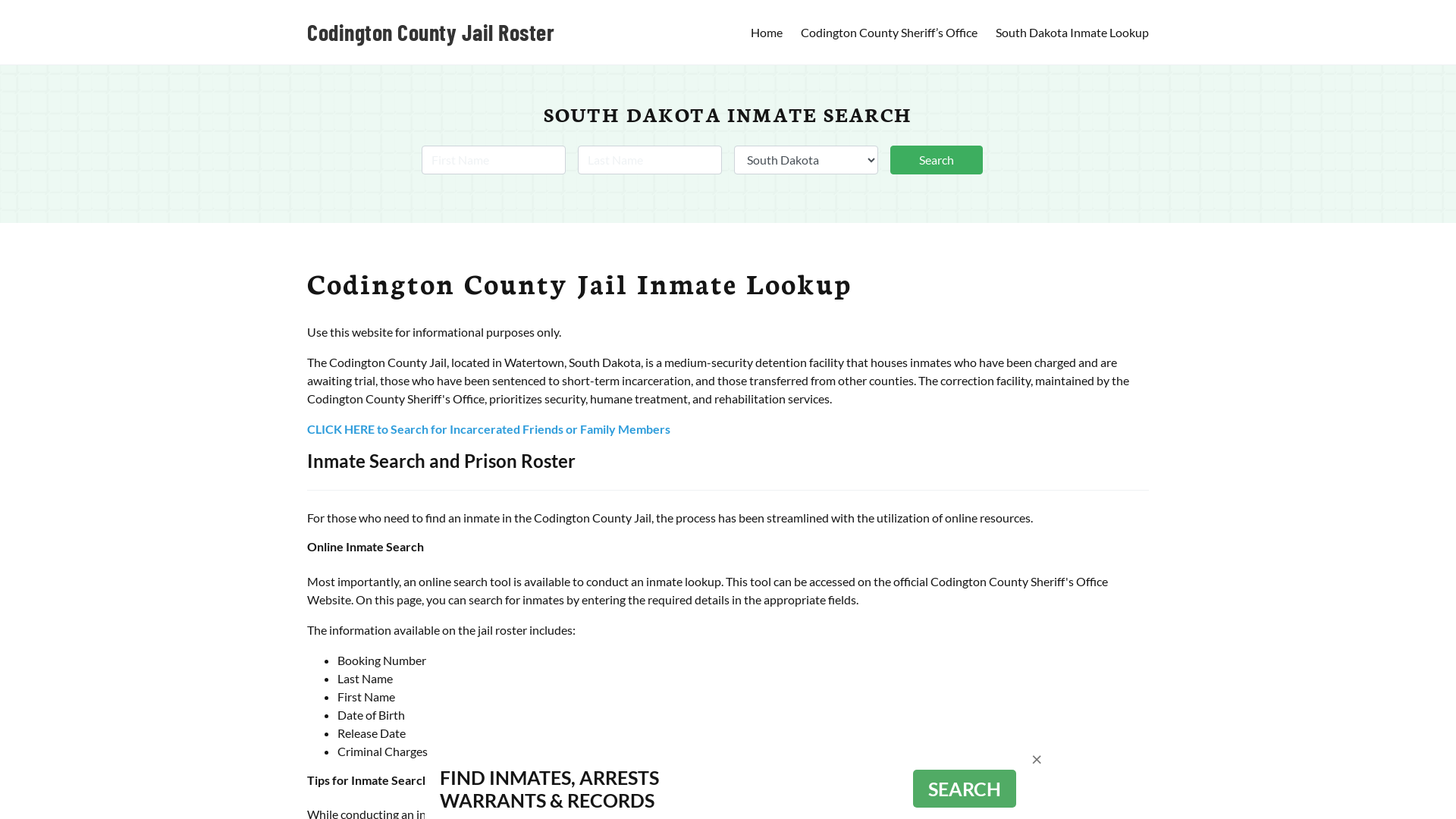 Codington County Jail Roster Lookup, SD, Inmate Search