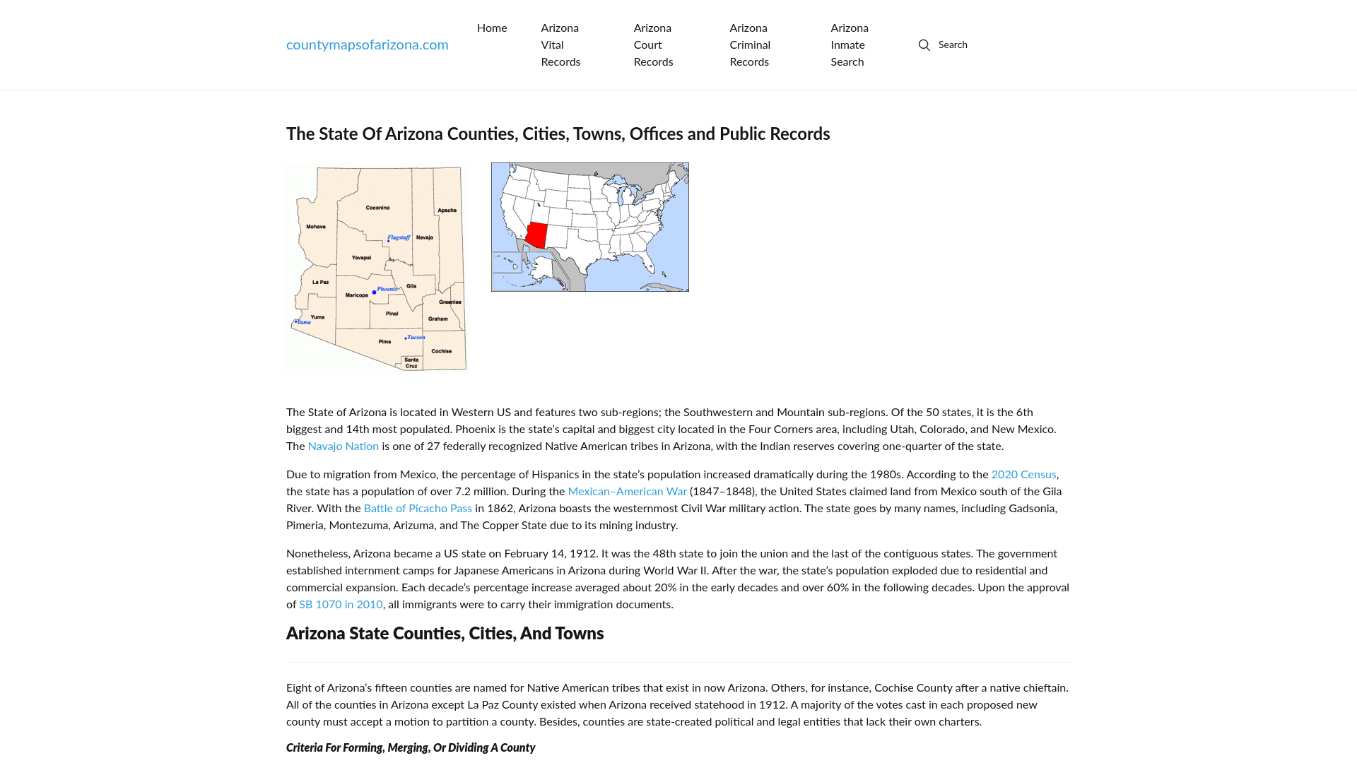 Arizona State Counties, Cities, Towns, County Offices and Public Records