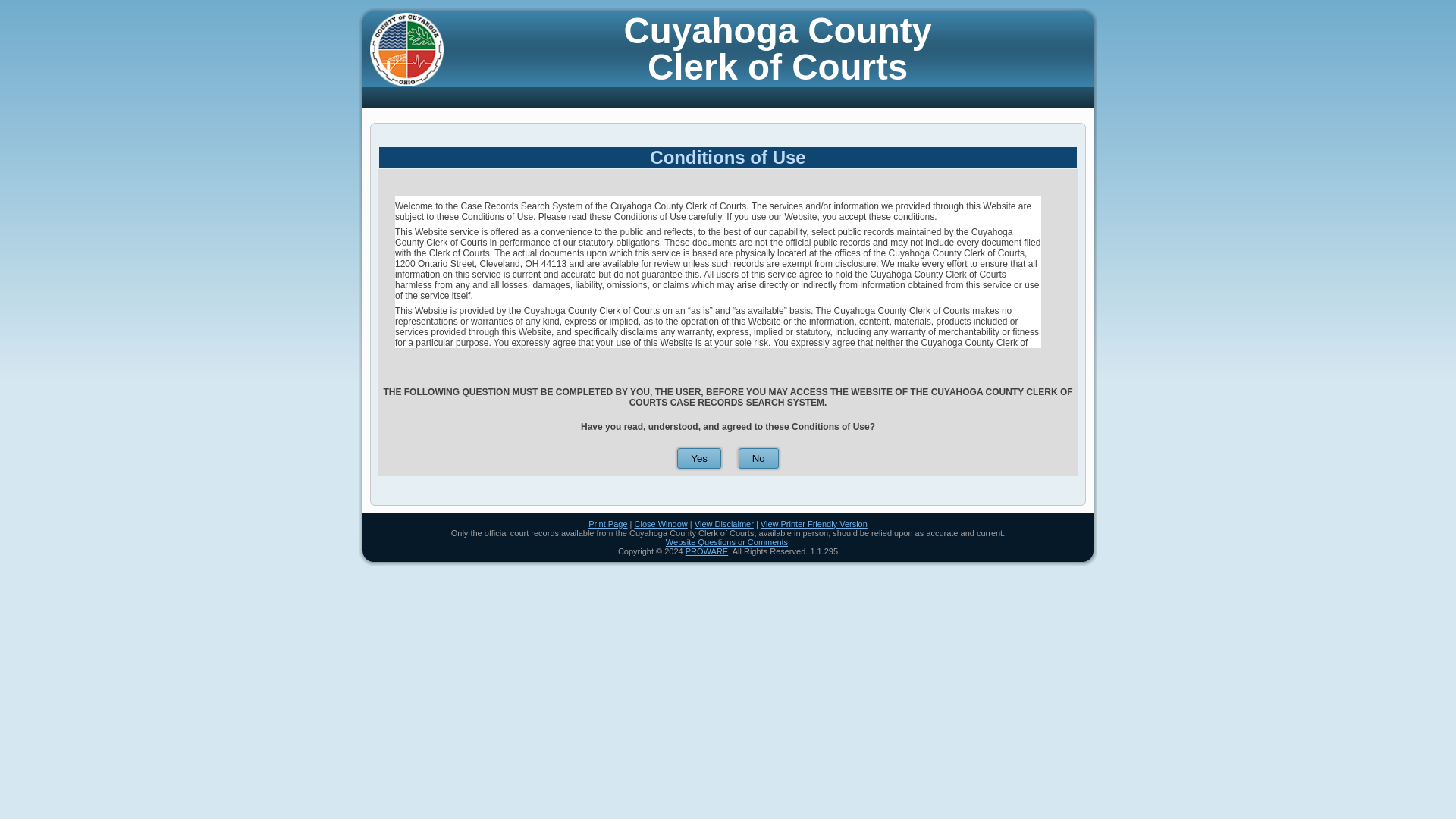 Cuyahoga County Clerk of Courts Site Terms of Service