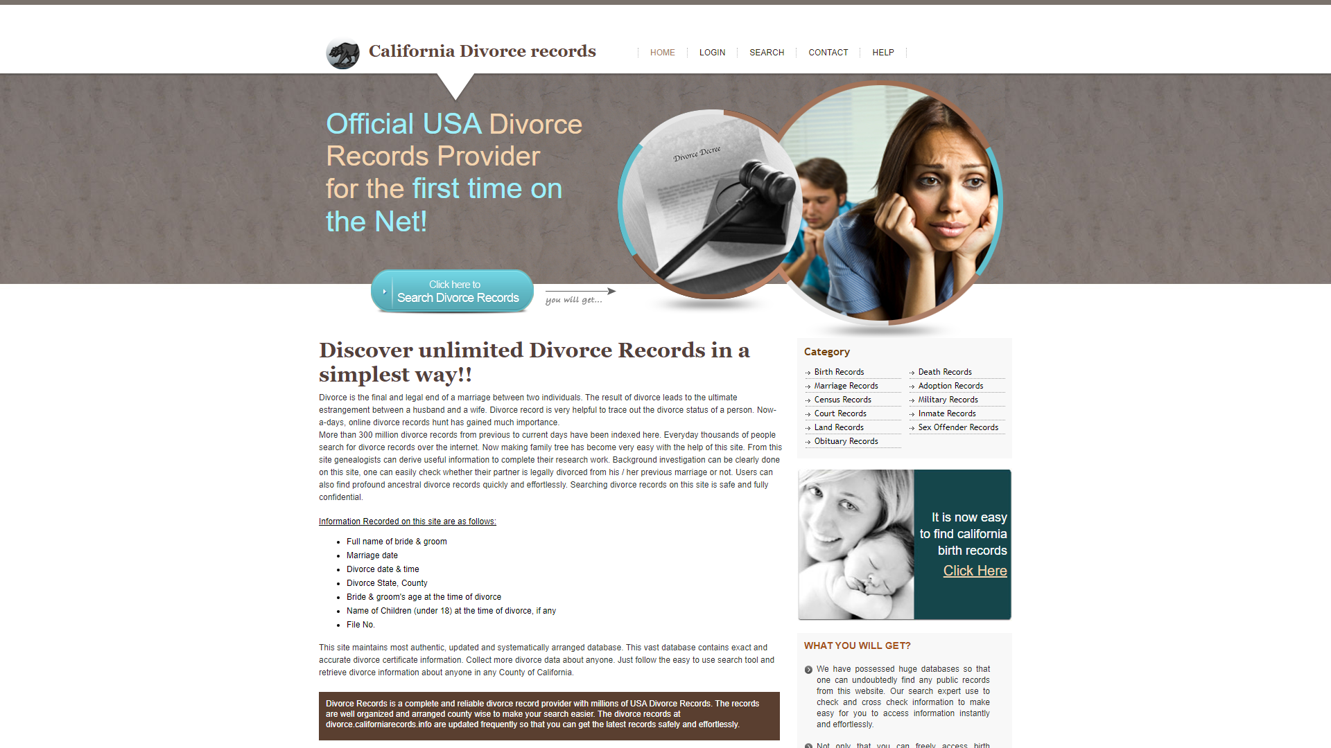 California State Divorce records. Online CA Divorce Record.