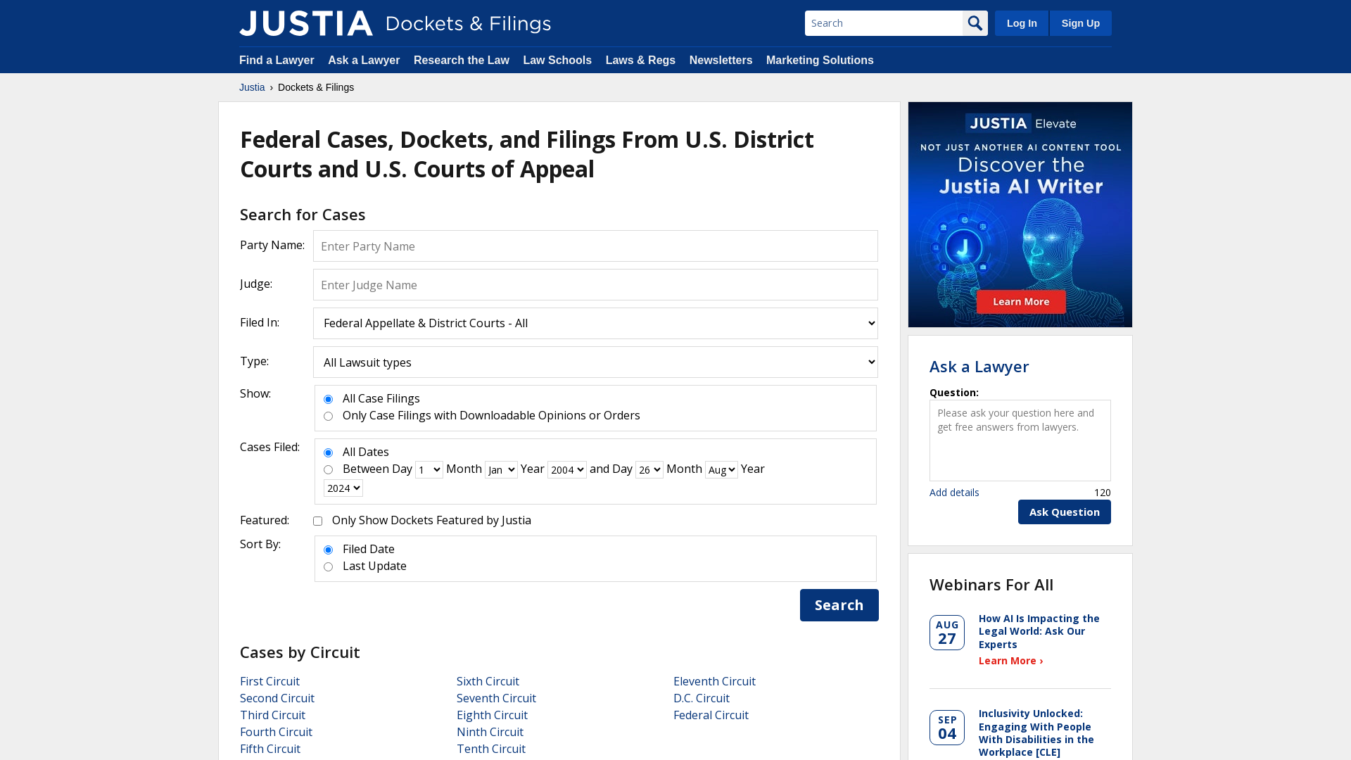 U.S. District Court and U.S. Court of Appeals Cases, Dockets and Filings | Justia Dockets & Filings