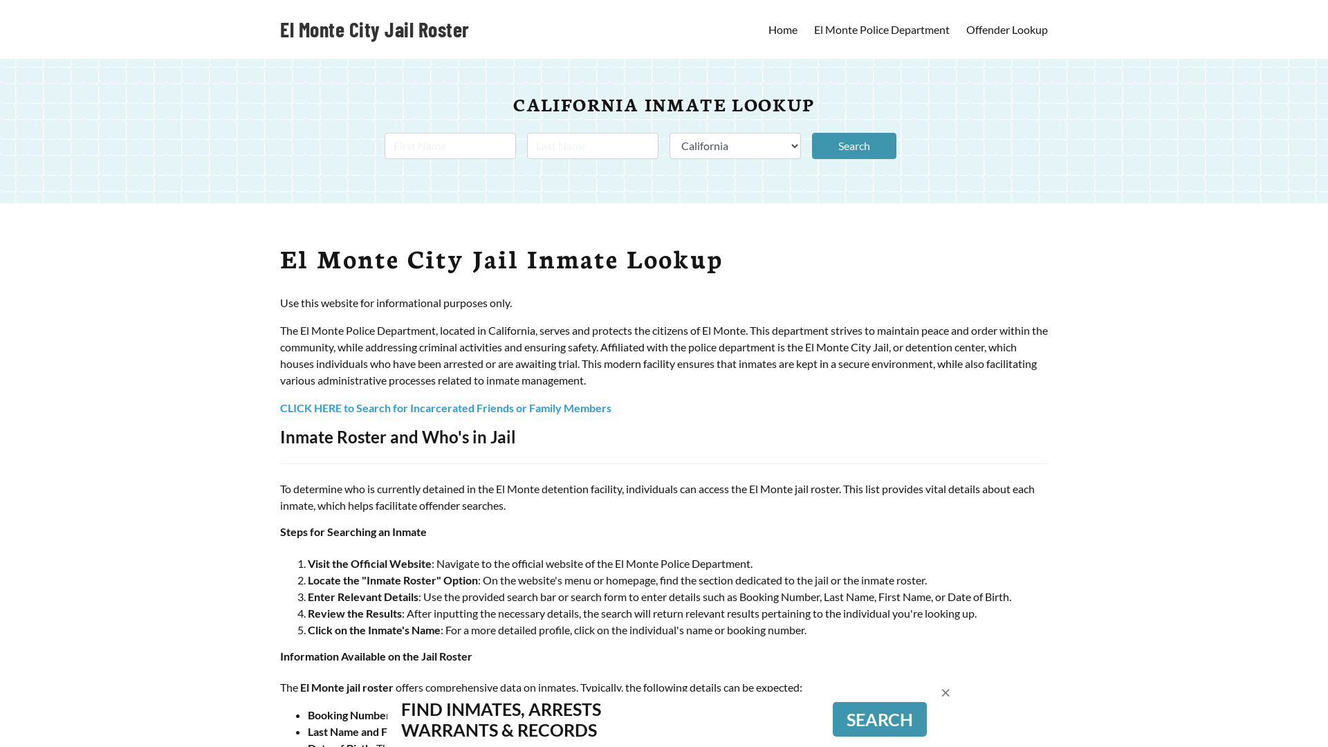 El Monte City Jail, CA Inmate Search, Jail Roster, Bookings