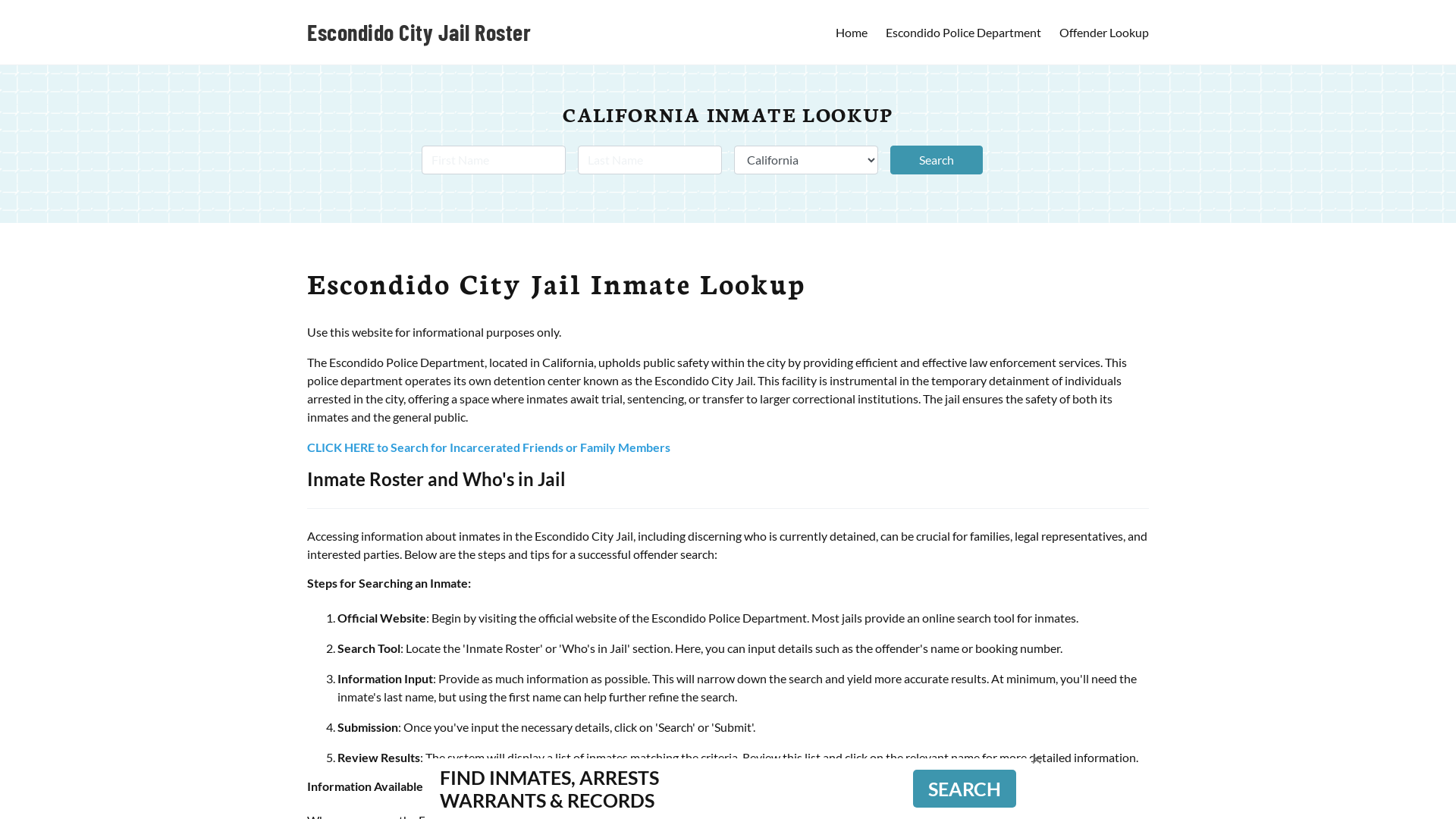 Escondido City Jail, CA Inmate Search, Jail Roster, Bookings