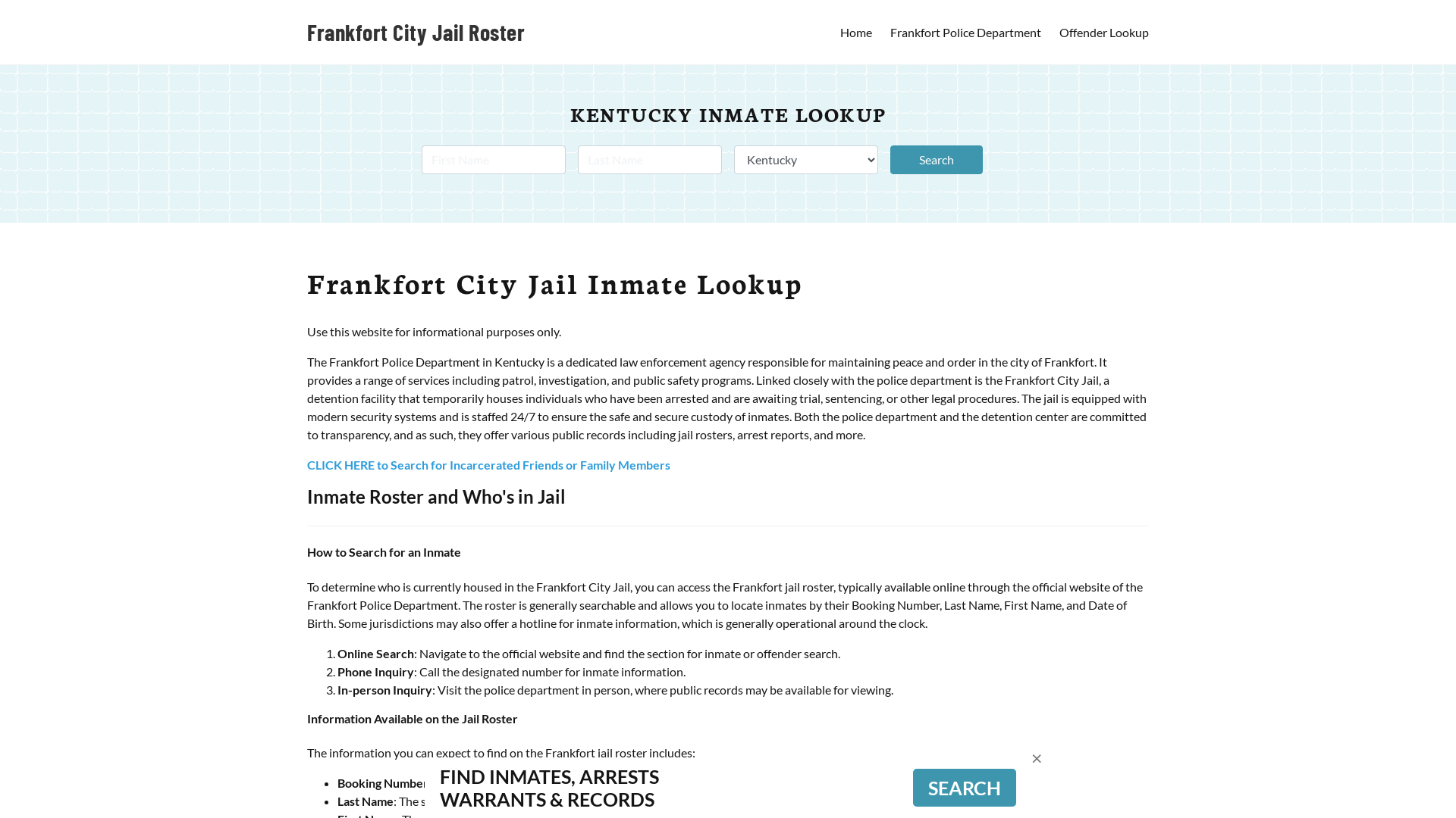 Frankfort City Jail, KY Inmate Search, Jail Roster, Bookings