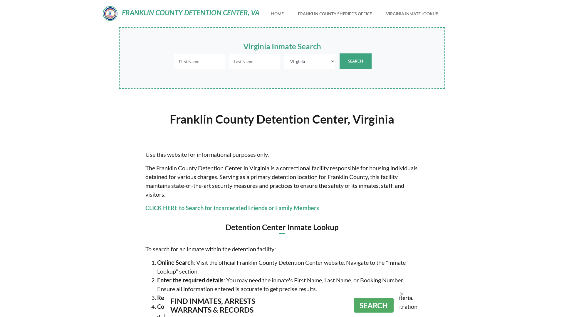 Franklin County Detention Center, VA Inmate Roster, Offender Search