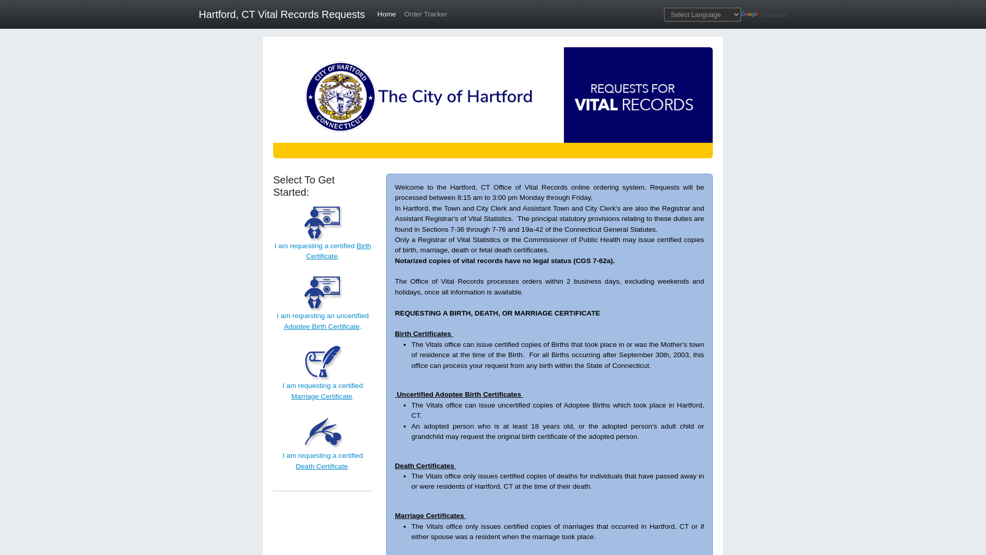 Hartford, CT Town and City Clerk Online Vital Records Request