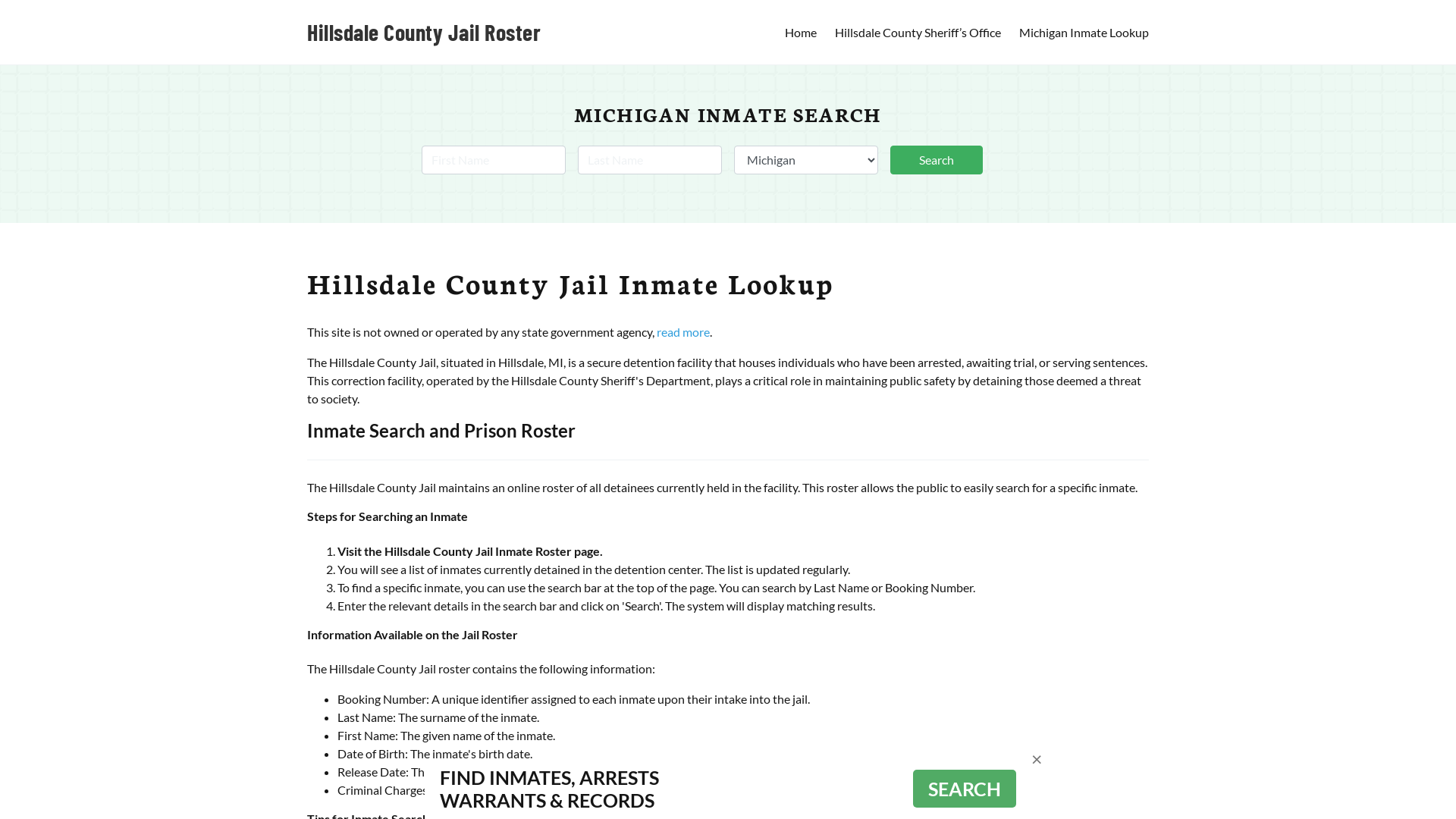 Hillsdale County Jail Roster Lookup, MI, Inmate Search