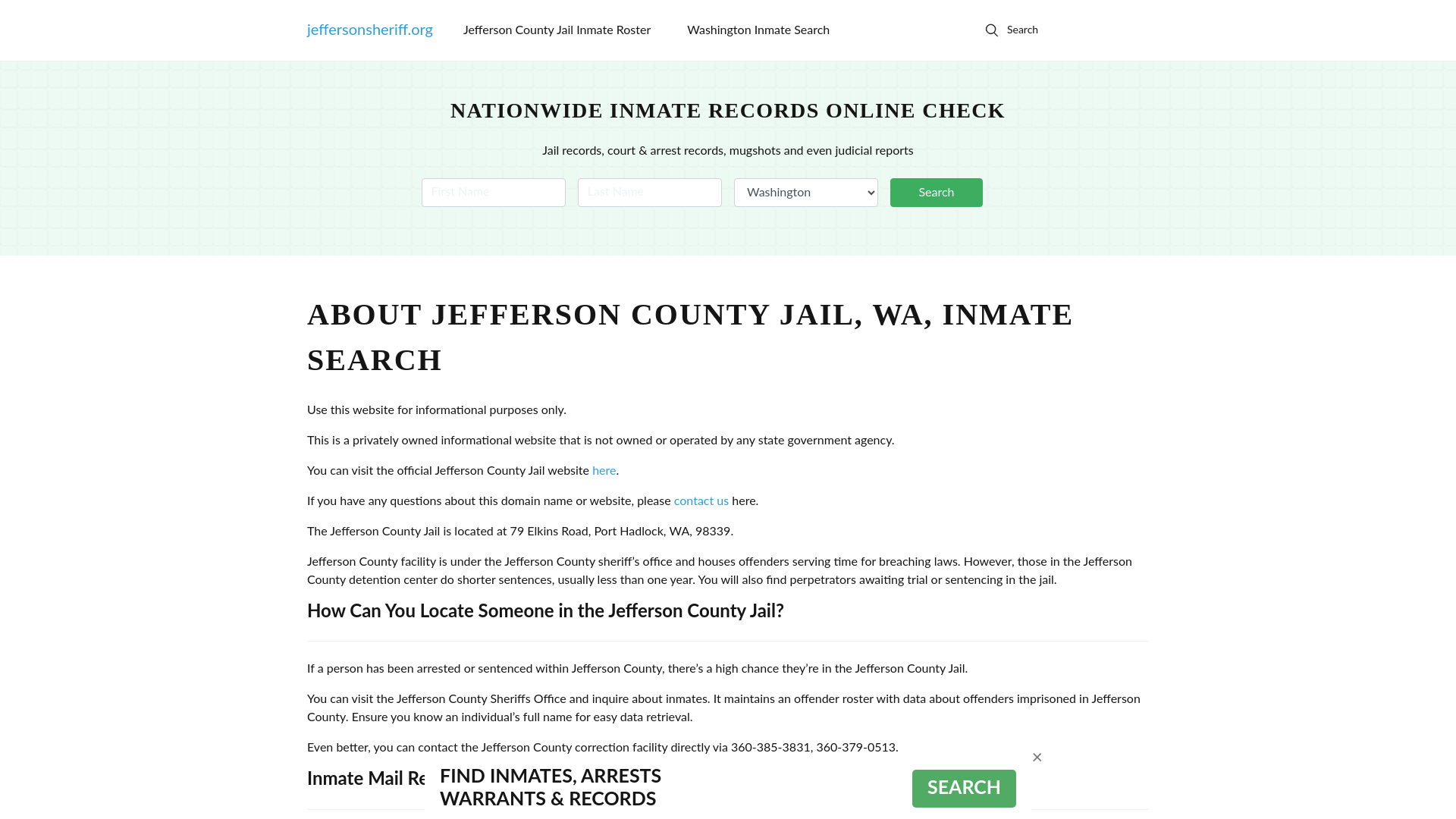 About Jefferson County Jail, WA, Inmate Search