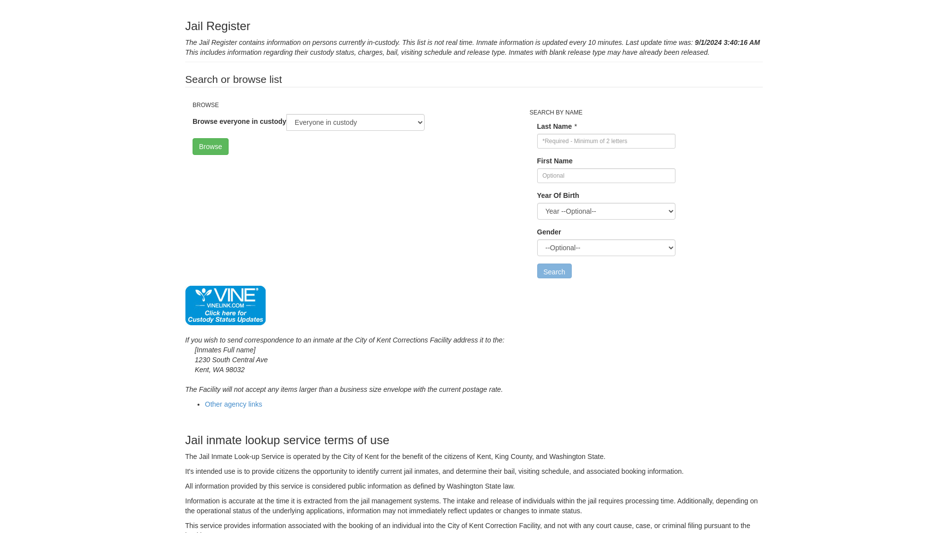 Jail Inmate Lookup Service - City of Kent