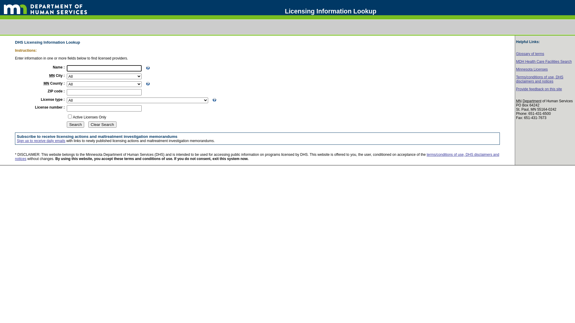 Search, MN DHS Licensing Info Lookup