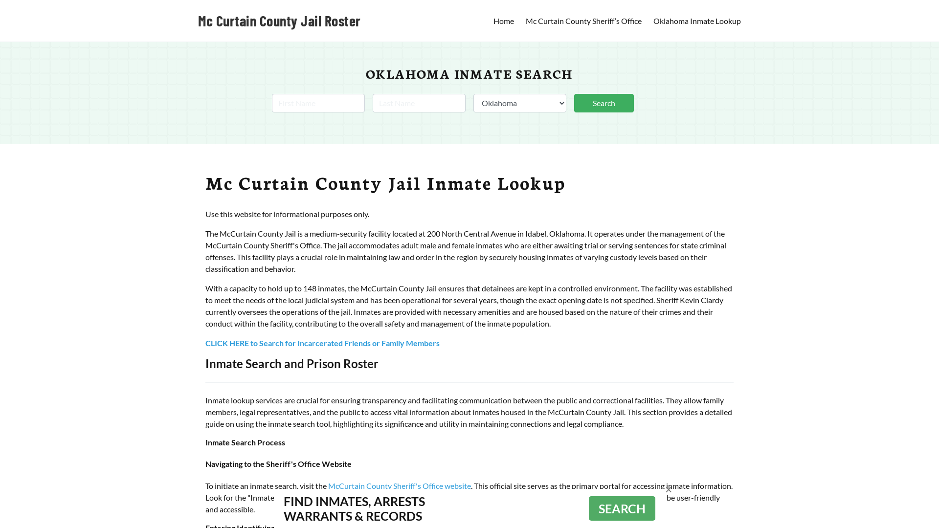 Mc Curtain County Jail Roster Lookup, OK, Inmate Search