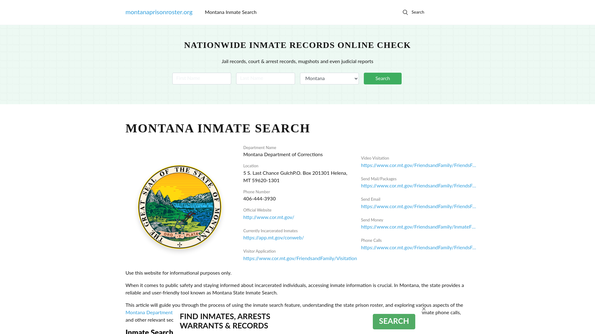 Montana Inmate Search - MT DOC Offenders Lookup