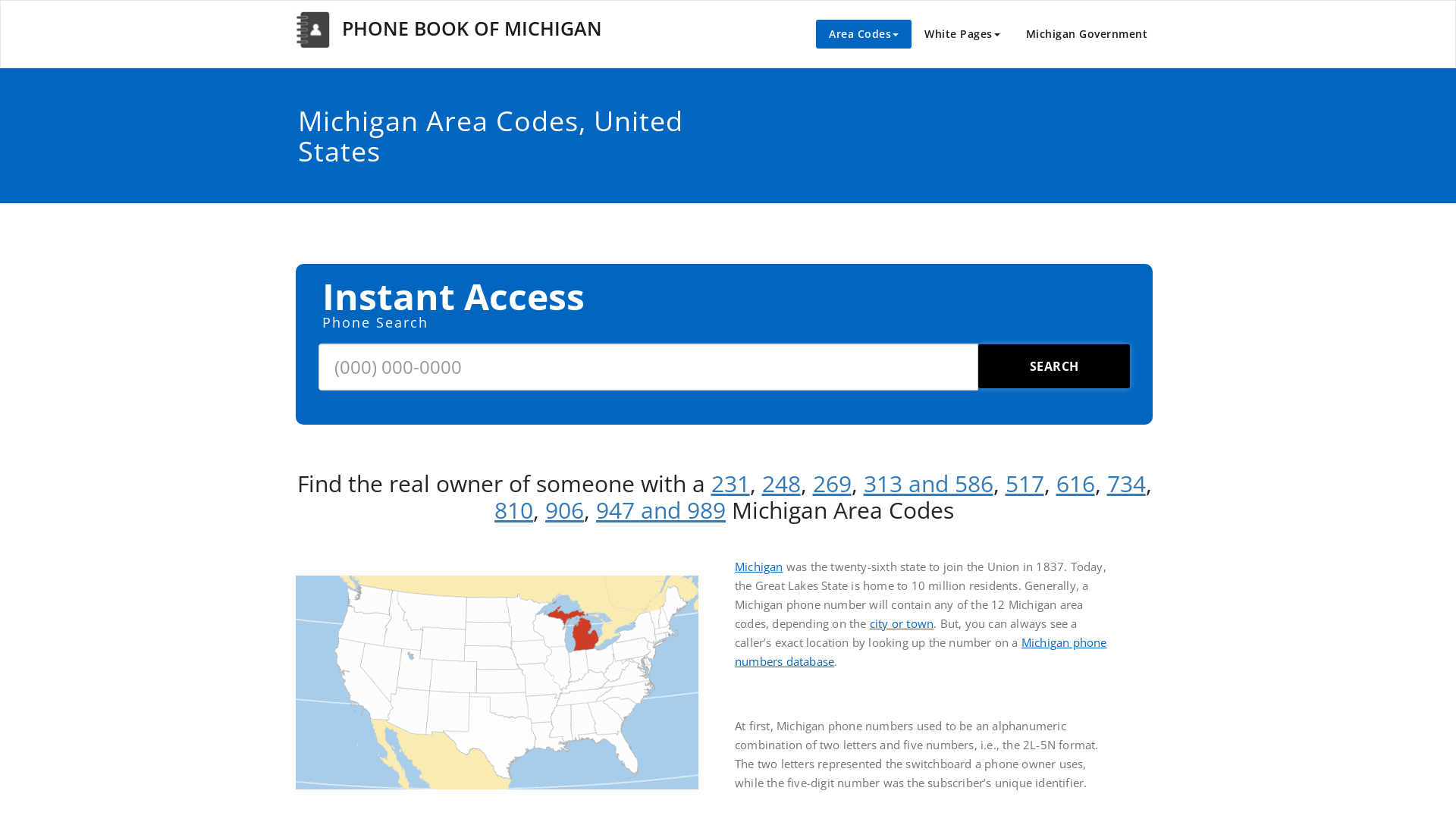 Michigan Area Codes, United States | PHONE BOOK OF MICHIGAN