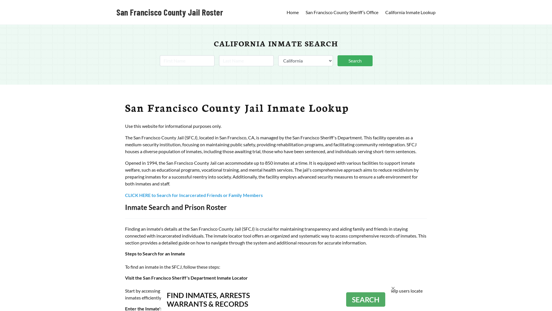 San Francisco County Jail Roster Lookup, CA, Inmate Search