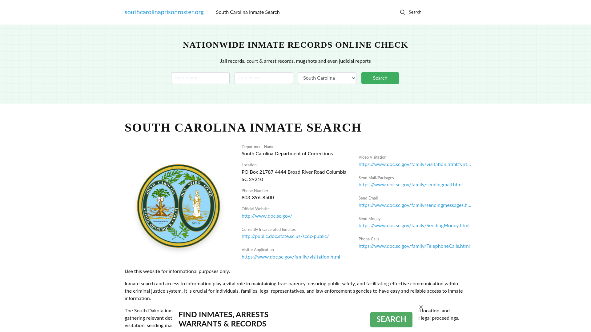 South Carolina Inmate Search - SC DOC Offenders Lookup