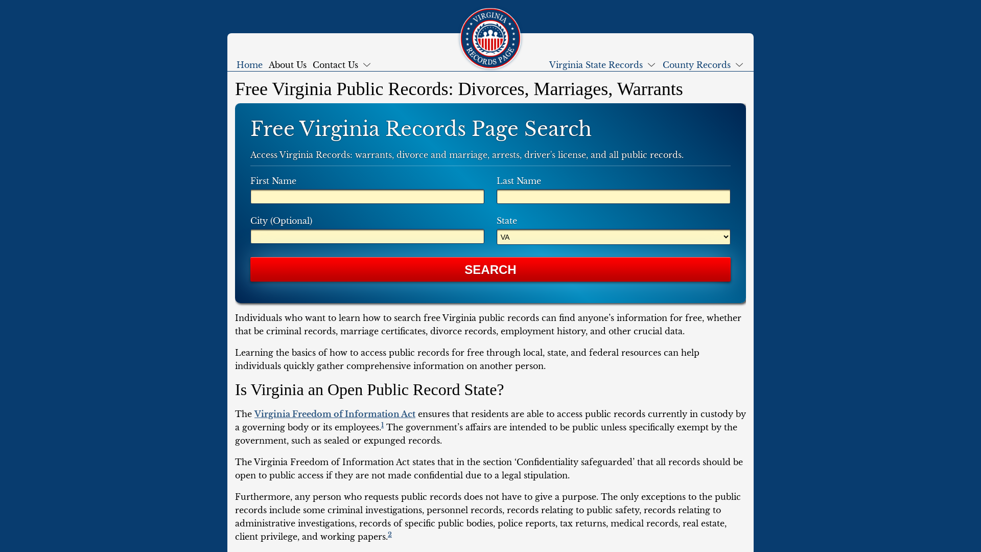 Free Virginia Public Records: Divorces, Marriages, Warrants