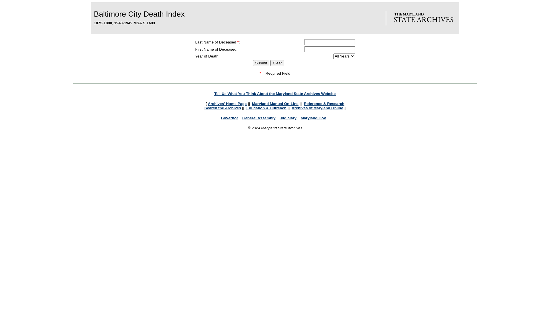 MARYLAND INDEXES (Death Records, BC, Index) 1875-1880, 1943-1949 MSA S 1483