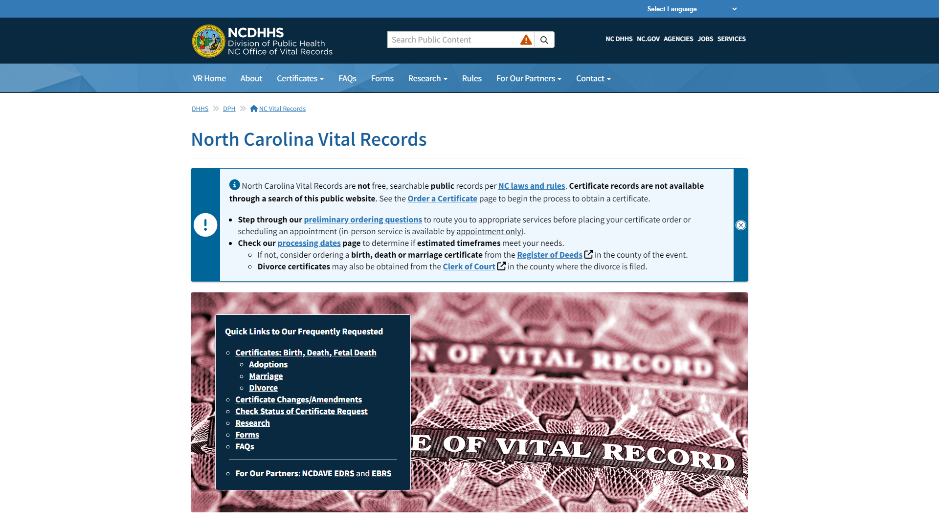 NCDHHS: DPH: NC Vital Records Home