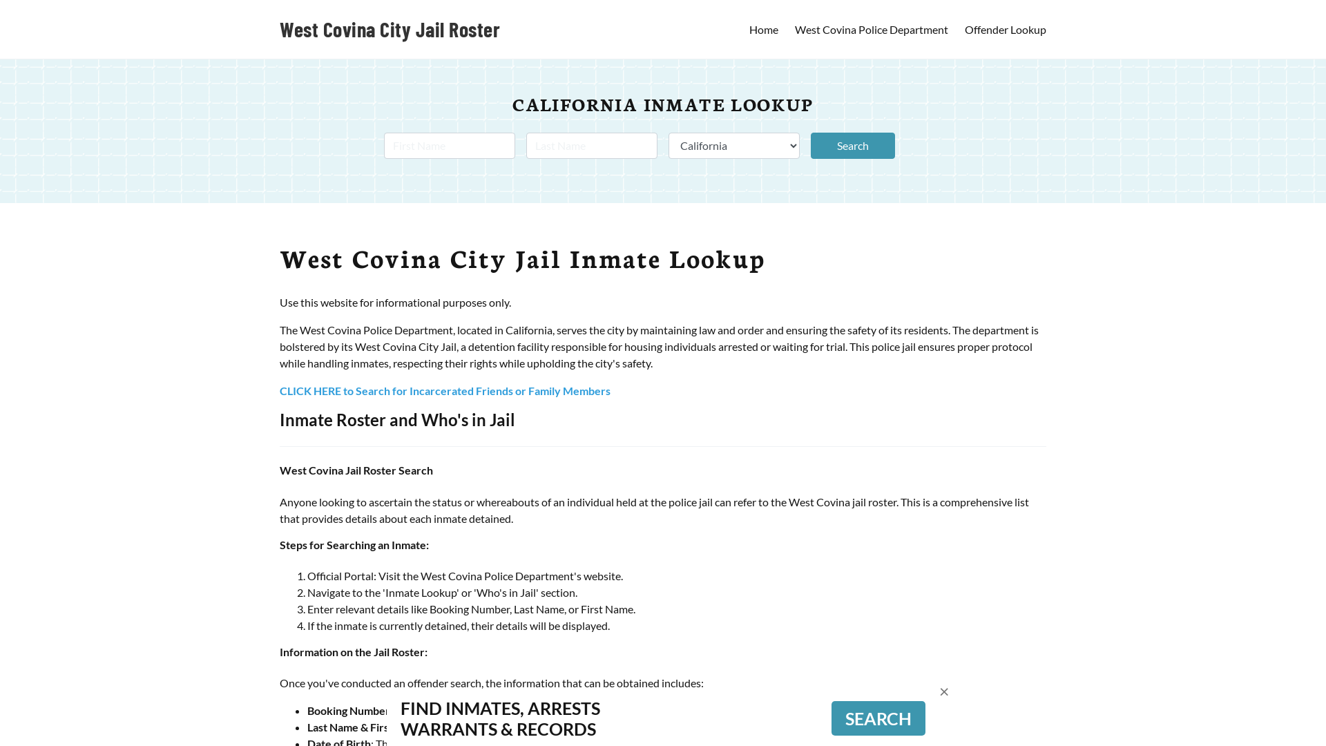 West Covina City Jail, CA Inmate Search, Jail Roster, Bookings