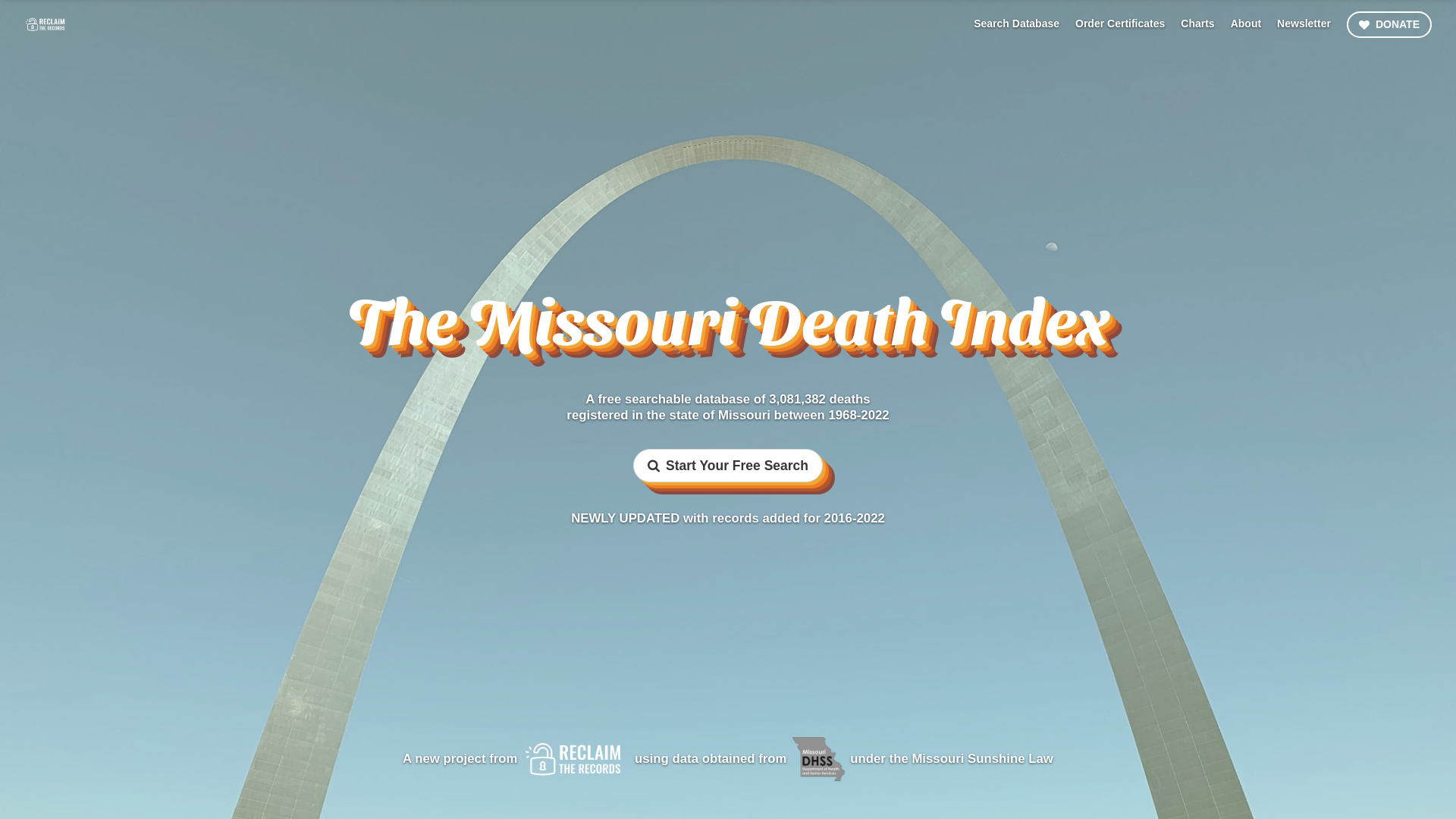 The Missouri Death Index // Free searchable database of 3,081,382 deaths in the state of Missouri between 1968-2022. Presented by Reclaim The Records