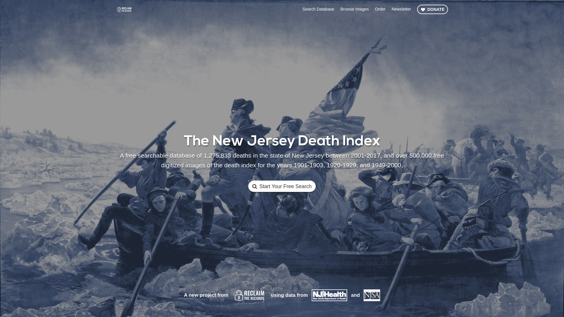 The New Jersey Death Index // Free searchable database of 1,275,833 deaths in the state of New Jersey between 2001-2017, and over 500,000 free digitized images of the death index for the years 1901-1903, 1920-1929, and 1949-2000. Presented by Reclaim The Records